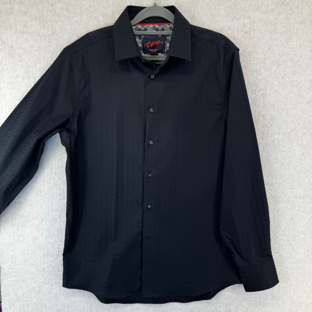Egara Mens Medium Slim Fit Stretch Black Geometric Dress Shirt NWOT